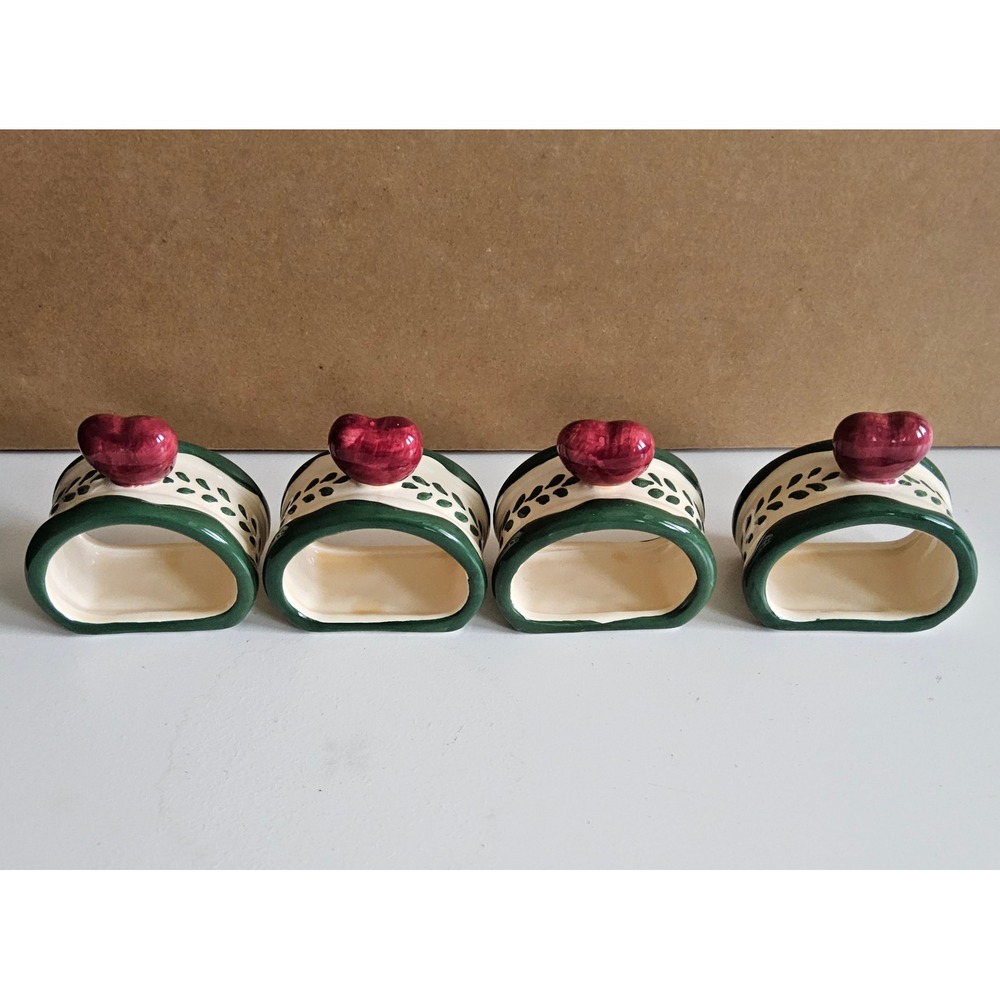 CBK Ltd 1998 Ceramic Heart Napkin Rings Set of 4 Holiday Table Cottagecore VTG